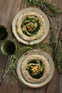Hummus with Olives and Basil Oil