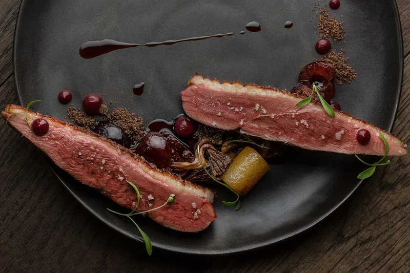 Duck Breast with Chanterelles, Black Pudding and Pickled Cherries