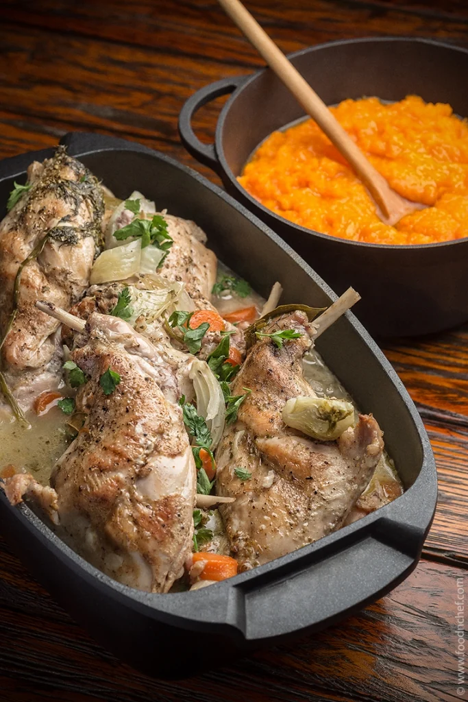 Braised Rabbit in White Wine with Pumpkin Mash