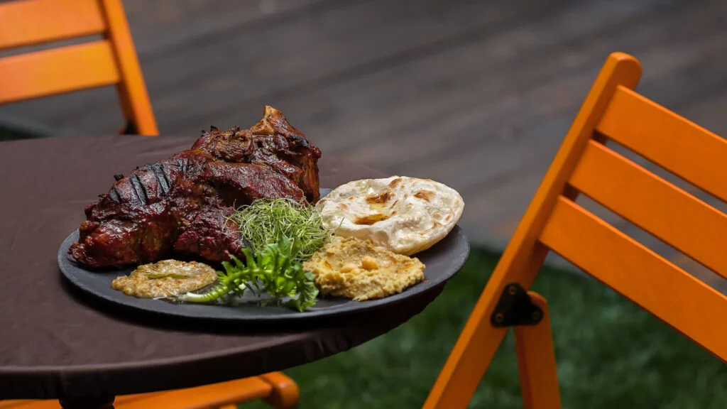 Grilled Ribeye with Eggplant Hummus and Chapati