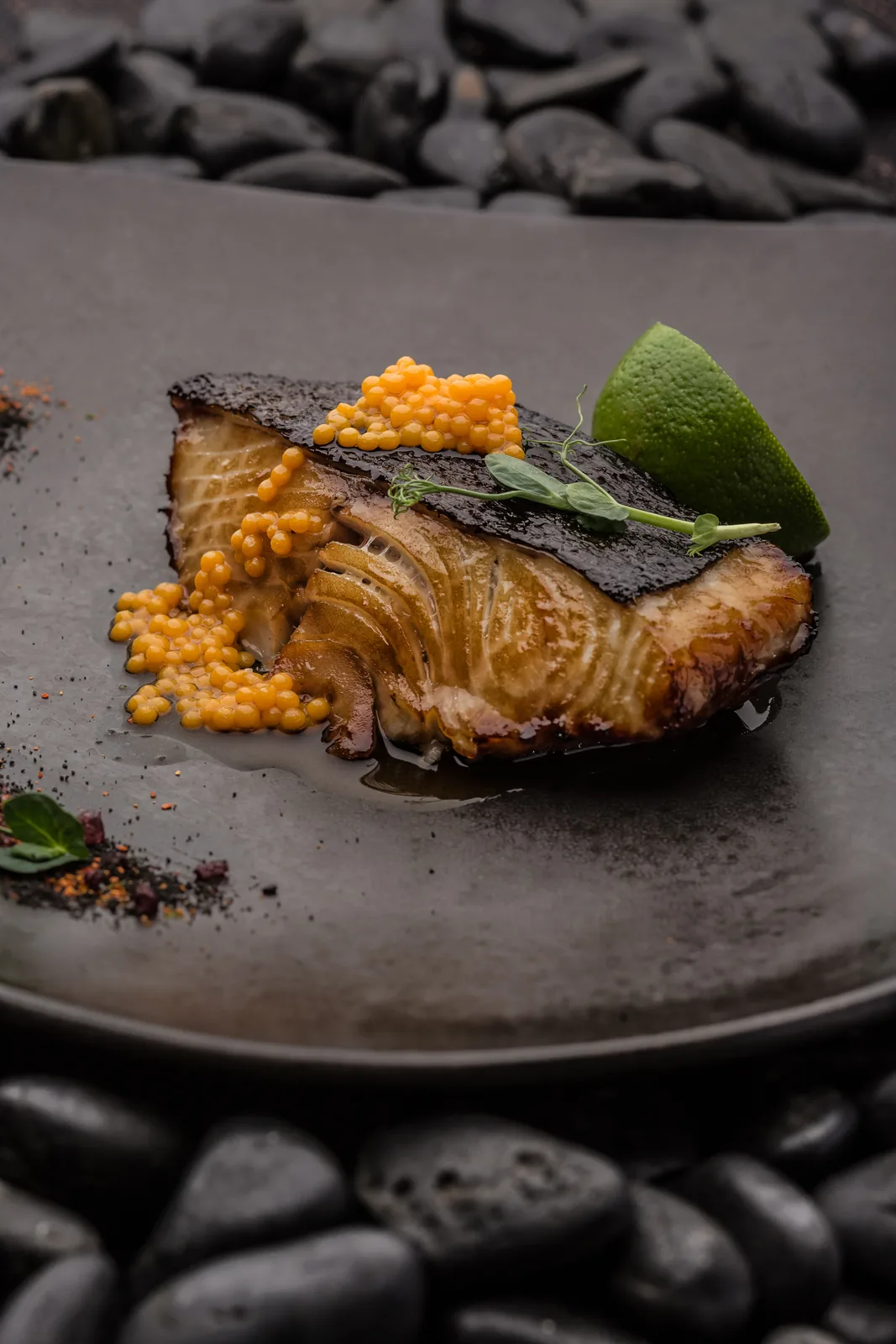 Black Cod with Mango Caviar and Soy Glaze