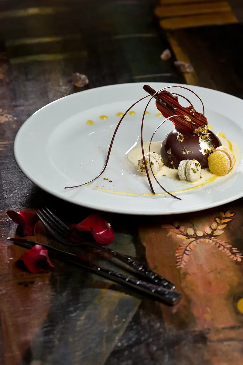 Dark Chocolate Hazelnut Dessert with Coffee-Orange Sauce