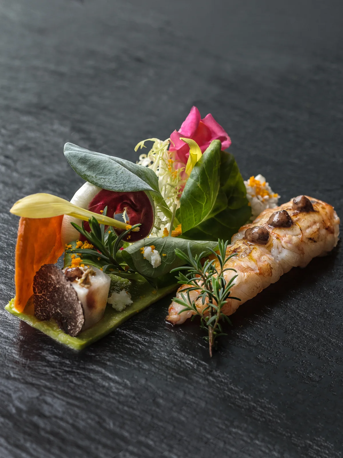 Roasted Langoustines with Crab Biscuits and Veal Salad