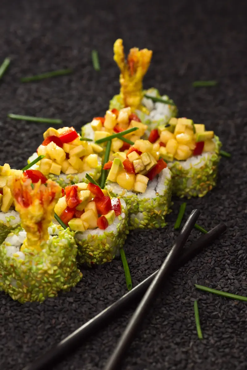 Shrimp Tempura Roll with Pineapple-Avocado Salsa