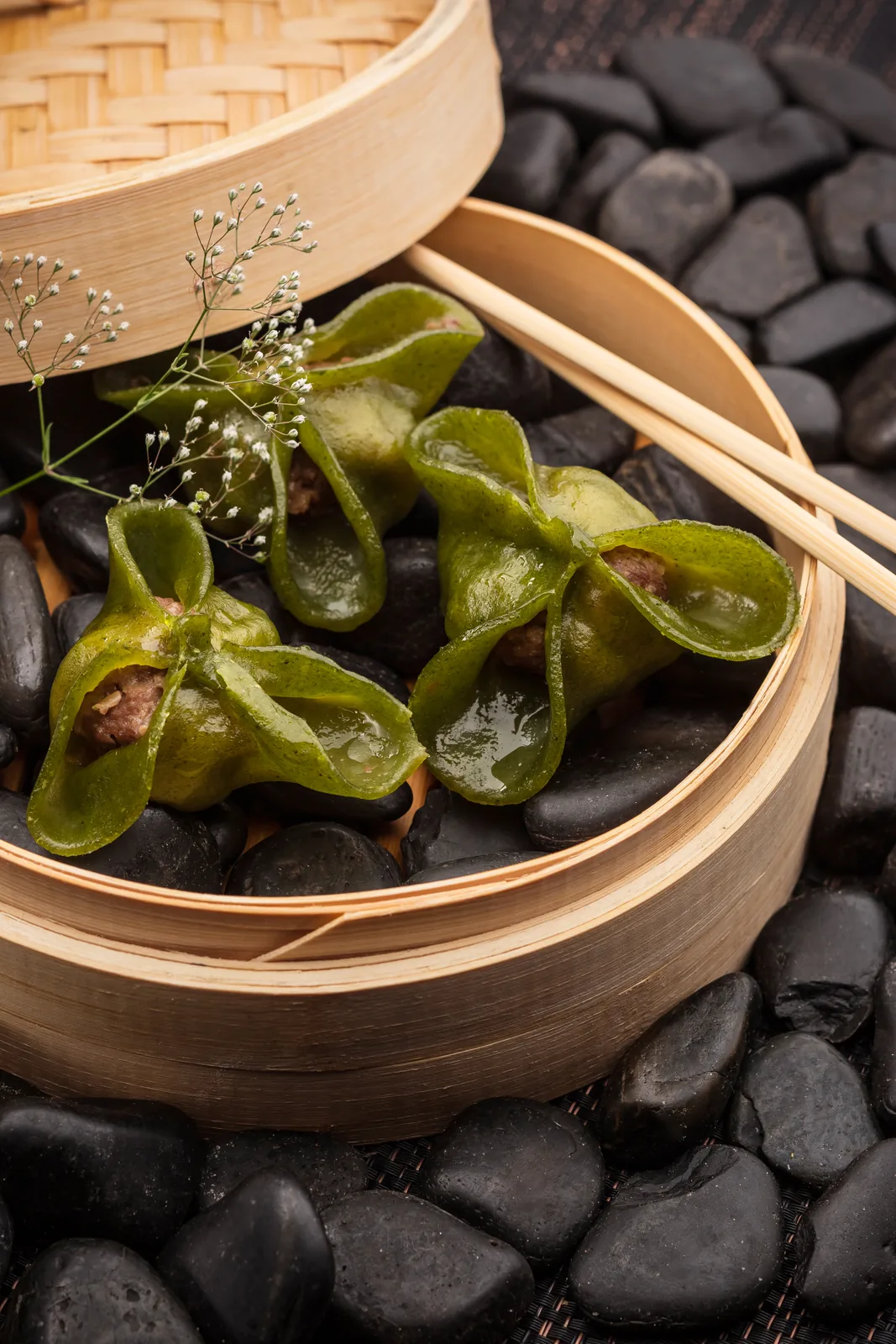 Spinach Dumplings with Tuna and Smoked Bamboo